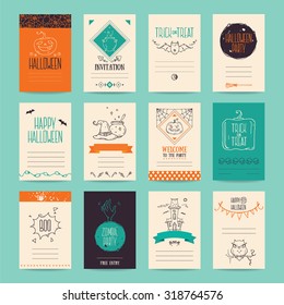 Halloween party invitation and greeting card, flyer, banner, poster templates. Hand drawn traditional symbols, cute design elements, handwritten ink lettering. Orange and turquoise vector collection.