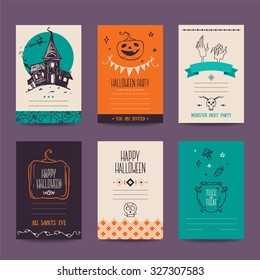 Halloween party invitation, greeting card, flyer, banner, poster templates. Hand drawn traditional symbols, cute design elements, handwritten ink lettering. Vector collection. Isolated.