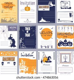 Halloween party invitation and greeting card, flyer, banner, poster templates. Hand drawn traditional symbols, cute design elements, handwritten ink lettering