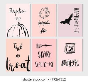 Halloween party invitation and greeting card template, flayer, banner, poster templates. Hand drawn traditional symbols, cute design elements, handwritten ink lettering isolated on pastel background.