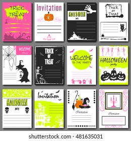 Halloween party invitation and greeting card, flyer, banner, poster templates. Hand drawn traditional symbols, cute design elements, handwritten ink lettering. 