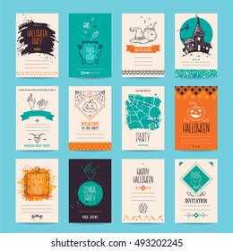 Halloween party invitation and greeting card, flyer, banner, poster templates. Hand drawn traditional symbols, cute design elements, handwritten ink lettering. Orange and turquoise vector collection.