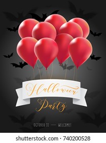 Halloween Party invitation greeting card with red balloons in the sky holding banner with calligraphy text, a lot of bats flying around