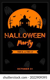 Halloween party invitation or greeting card.Halloween background with haunted houdse,pumpkin and full moon.Vector illustration.