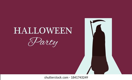 Halloween party invitation. Grim reaper with scythe standing in doorway. Minimalistic vector design