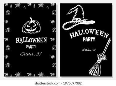 Halloween party invitation with hand-drawn illustrations. Halloween design template.