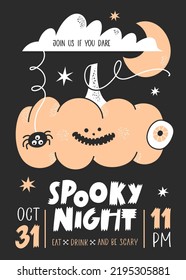 Halloween party invitation with handwritten text and cute pumpkin. Vector illustration