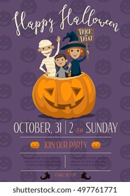 Halloween party invitation. Happy children in costume jumping from pumpkin with lettering trick or treat nameplate design. Join to Halloween party invitation inscription vector illustration
