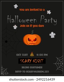 Halloween party invitation. Happy Halloween. Scary night party. Pumpkin with ghosts elements. Vector illustration