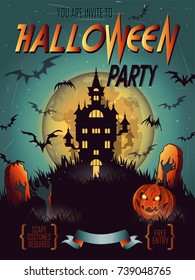 Halloween Party Invitation with 
haunted castle, bat, moon, and other items on Halloween theme. Happy Halloween Poster.