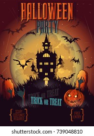 Halloween Party Invitation with 
haunted castle, bat, moon, and other items on Halloween theme. Happy Halloween Poster.