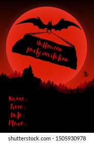 Halloween party invitation with haunted houses, flying witch, bat silhouette with banner on a chain for printing. Mystery banner, poster, invitation for a halloween celebration. 