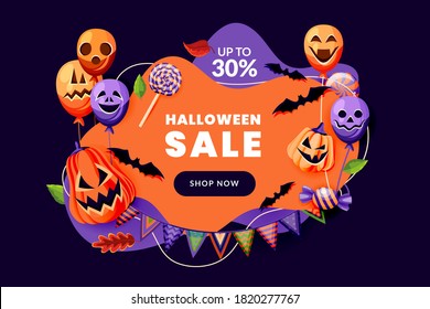 Halloween party invitation with horror decoration. Poster or discount sale banner design template. Holiday balloons with grinning faces, pumpkin lanterns, bats and flag garland. Vector illustration