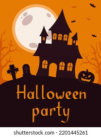 Halloween Party Invitation With Horror House On Orange Background Vector Illustration In Flat Style