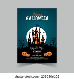 Halloween Party Invitation with Horror House Full Moon Party Trick or Treat Flyer Template Vector Illustration for Fun Halloween Party Invitation Card
