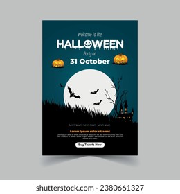 Halloween Party Invitation with Horror House Full Moon Party Trick or Treat Flyer Template Vector Illustration for Fun Halloween Party Invitation Card