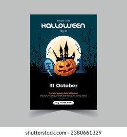 Halloween Party Invitation with Horror House Full Moon Party Trick or Treat Flyer Template Vector Illustration for Fun Halloween Party Invitation Card