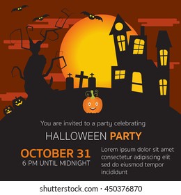 Halloween party invitation horror house,grave yard,pumpkins,old big scary tree and big moon in the red velvet sky vector. illustration EPS10.