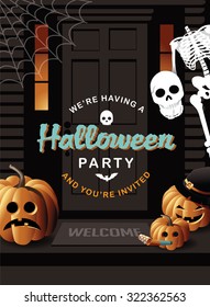 Halloween party invitation house with jack o lanterns and skeleton EPS 10 vector illustration for advertising, marketing, poster, flyer, web page, greeting card, invitation, event, announcement, email