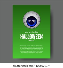 Halloween party invitation with illustration of eye of monster with green background