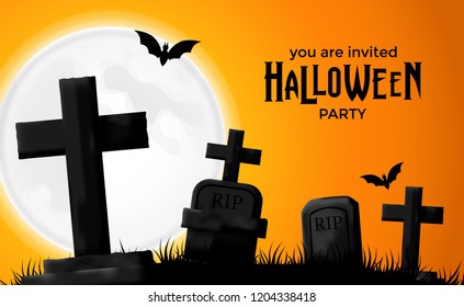 Halloween party invitation with illustration of graveyard and bat at the night