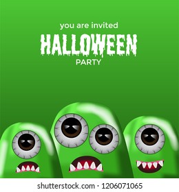 Halloween party invitation with illustration three cute green monster