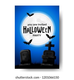 Halloween party invitation with illustration of tomb at the night with bat