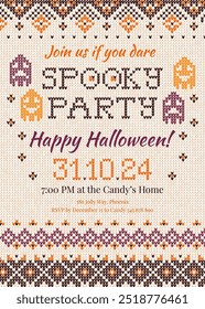 Halloween party invitation knitted sweater design with playful ghosts. Orange, purple, and beige. Halloween event, spooky gathering, themed party with cozy and fun twist Flat style vector illustration