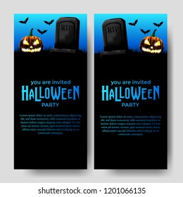 Halloween party invitation label with illustration of tomb at the night with pumpkin jack o lantern and bat