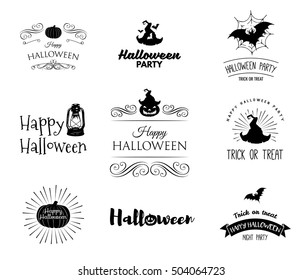 Halloween party invitation label templates with holiday symbols - witch hat, bat, pumpkin, ghost, web. Halloween. Badges set Use for party posters, flyers, cards, invitations, design. Happy Halloween