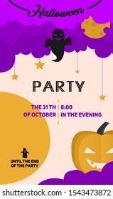 Halloween party invitation. Leaflet, with time and date. Evil ghost in purple clouds, full moon, pumpkin, stars suspended. Flat style. Vector illustration.