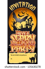 Halloween Party Invitation Lettering with Bats flying in front of Haunted House vector graphic.