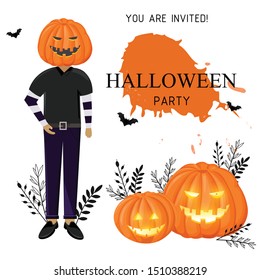 Halloween party invitation with man wearing pumpkin on head, bats and spider web. White background vector. Flat style
