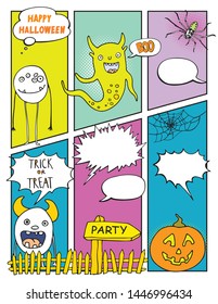 Halloween party invitation, mock up comic book with empty speech bubbles and cute monsters