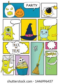 Halloween party invitation, mock up comic book with empty speech bubbles and cute monsters