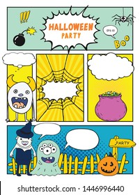 Halloween party invitation, mock up comic book with empty speech bubbles and cute monsters