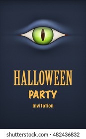 Halloween Party Invitation with monster eye. Dark theme. Vector Illustration.