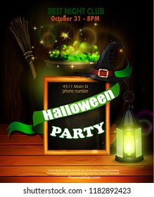 Halloween party invitation on wooden wall background