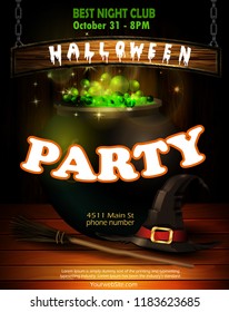 Halloween party invitation on wooden wall background
