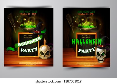 Halloween party invitation on wooden wall background
