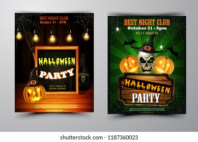 Halloween party invitation on wooden wall background