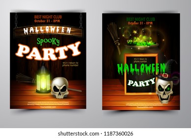 Halloween party invitation on wooden wall background