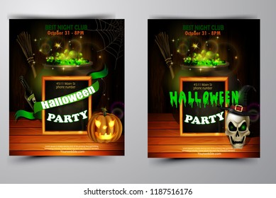 Halloween party invitation on wooden wall background
