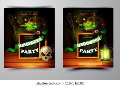 Halloween party invitation on wooden wall background