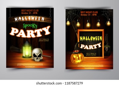 Halloween party invitation on wooden wall background