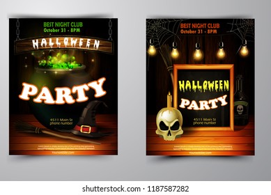 Halloween party invitation on wooden wall background