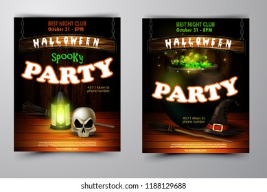Halloween party invitation on wooden wall background