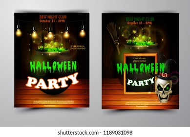 Halloween party invitation on wooden wall background