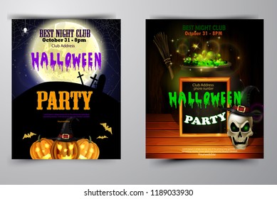 Halloween party invitation on wooden wall background