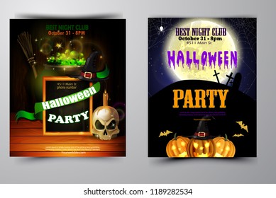 Halloween party invitation on wooden wall background